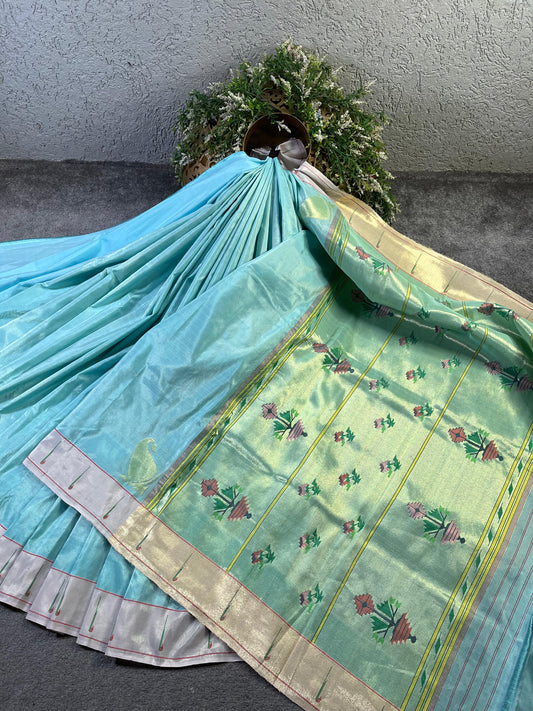 BLUE TISSUE SILK PURE HANDLOOM PAITHANI SAREE