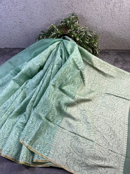 MINT GREEN KORA COTTON  PURE HANDLOOM BANARASI SAREE