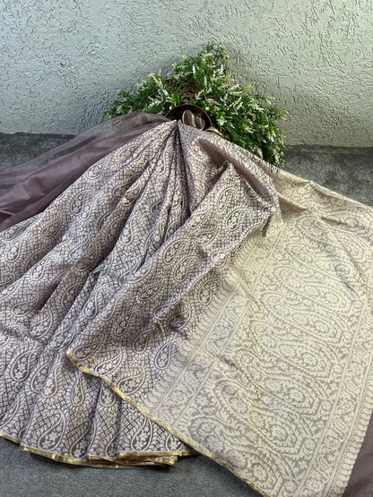 GREY KORA COTTON  PURE HANDLOOM BANARASI SAREE