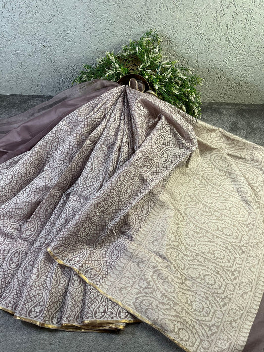 GREY KORA COTTON  PURE HANDLOOM BANARASI SAREE