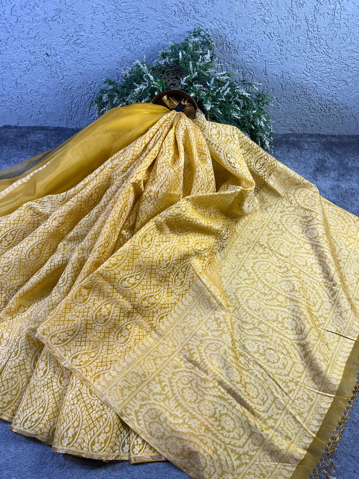 MUSTARD YELLOW KORA COTTON  PURE HANDLOOM BANARASI SAREE