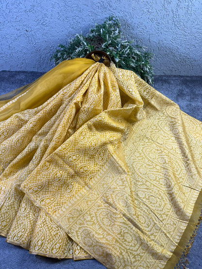 MUSTARD YELLOW KORA COTTON  PURE HANDLOOM BANARASI SAREE