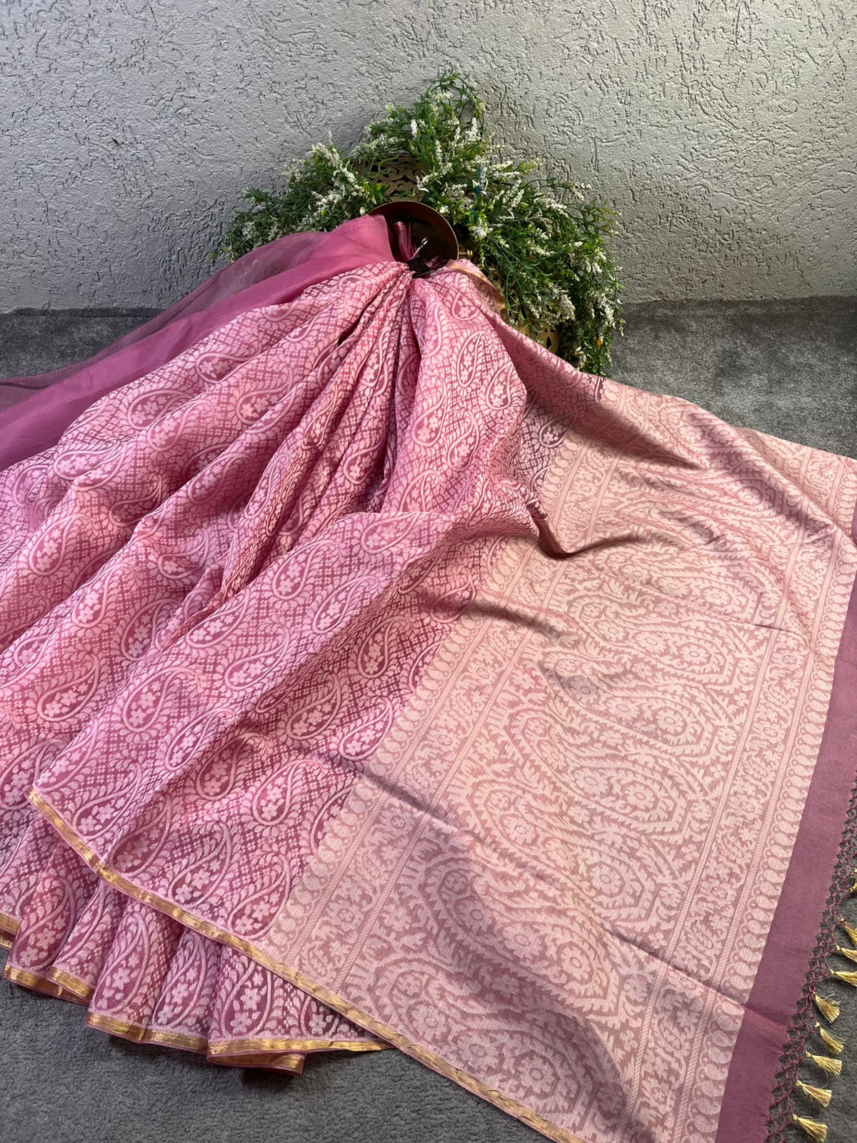 ROSE PINK KORA COTTON  PURE HANDLOOM BANARASI SAREE