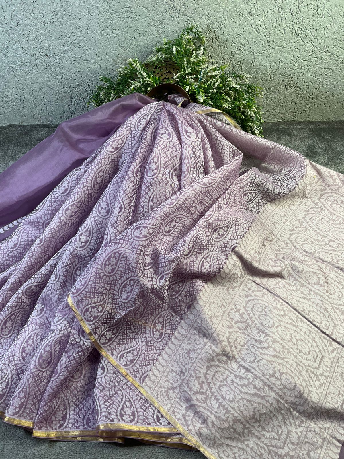 LAVENDER KORA COTTON  PURE HANDLOOM BANARASI SAREE