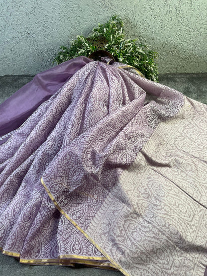 LAVENDER KORA COTTON  PURE HANDLOOM BANARASI SAREE