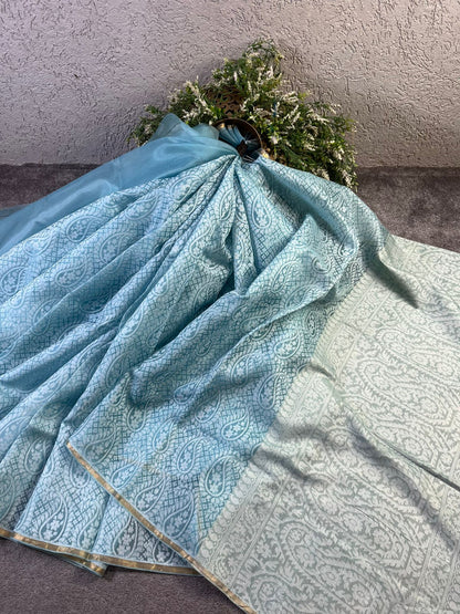POWDER BLUE KORA COTTON  PURE HANDLOOM BANARASI SAREE
