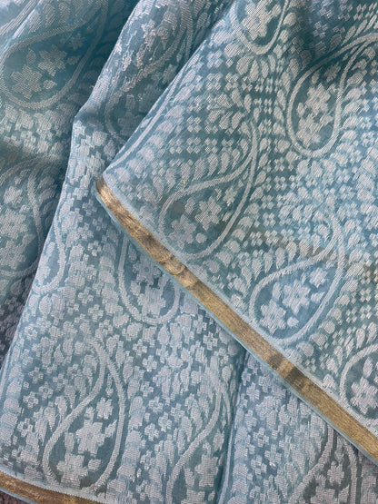 POWDER BLUE KORA COTTON  PURE HANDLOOM BANARASI SAREE