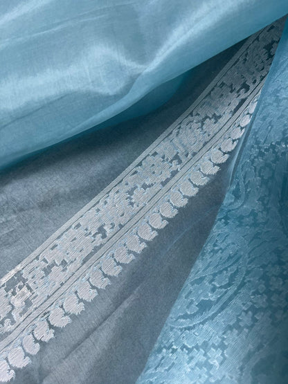 POWDER BLUE KORA COTTON  PURE HANDLOOM BANARASI SAREE