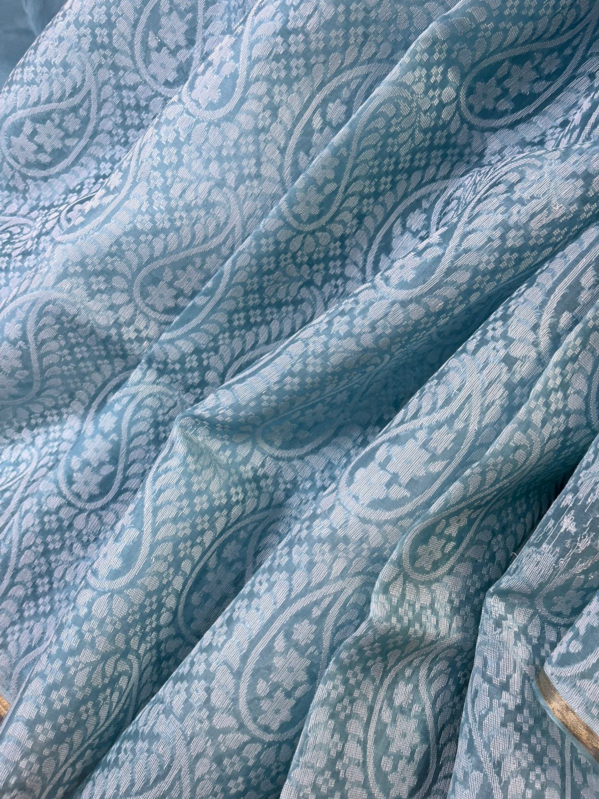 POWDER BLUE KORA COTTON  PURE HANDLOOM BANARASI SAREE