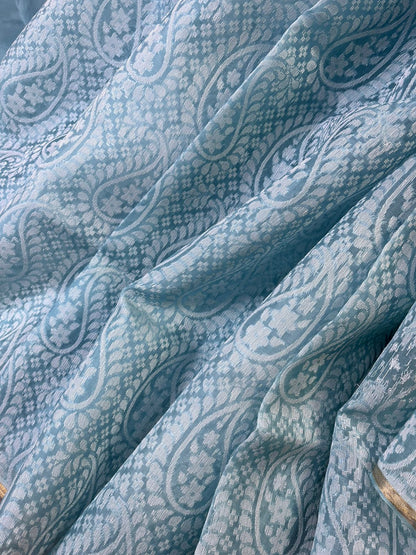 POWDER BLUE KORA COTTON  PURE HANDLOOM BANARASI SAREE