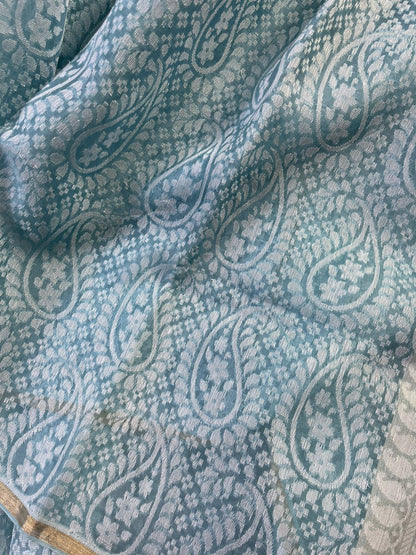 POWDER BLUE KORA COTTON  PURE HANDLOOM BANARASI SAREE