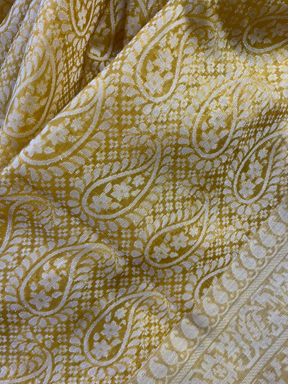 MUSTARD YELLOW KORA COTTON  PURE HANDLOOM BANARASI SAREE