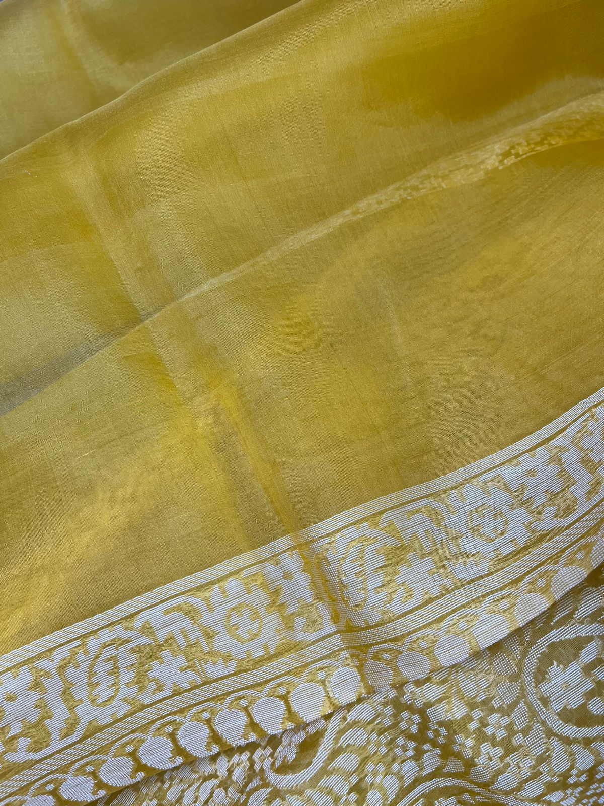 MUSTARD YELLOW KORA COTTON  PURE HANDLOOM BANARASI SAREE