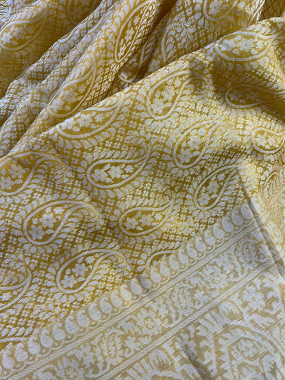 MUSTARD YELLOW KORA COTTON  PURE HANDLOOM BANARASI SAREE