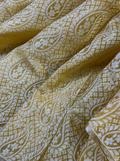 MUSTARD YELLOW KORA COTTON  PURE HANDLOOM BANARASI SAREE