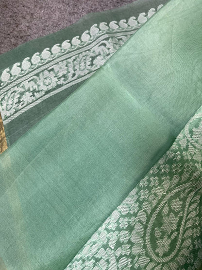 MINT GREEN KORA COTTON  PURE HANDLOOM BANARASI SAREE