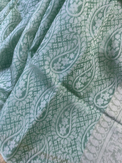MINT GREEN KORA COTTON  PURE HANDLOOM BANARASI SAREE