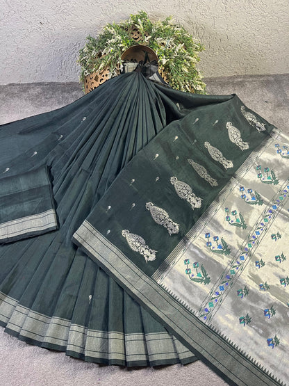 GREEN LINEN PURE HANDLOOM PAITHANI SAREE