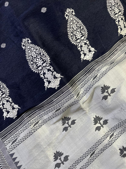 NAVY BLUE LINEN PURE HANDLOOM PAITHANI SAREE