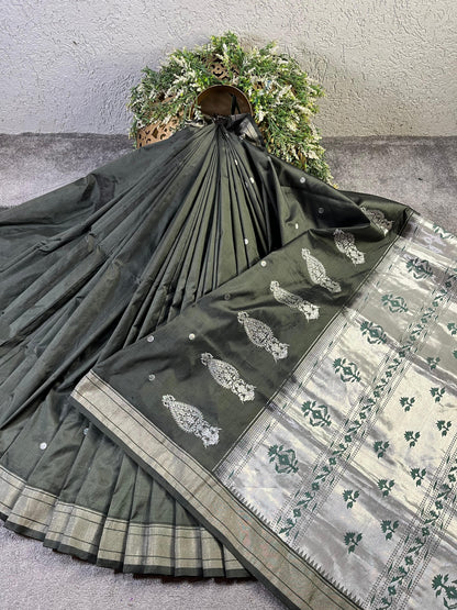 DARK GREY SILK PURE HANDLOOM PAITHANI SAREE