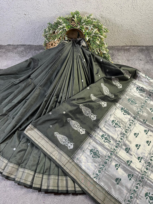 DARK GREY SILK PURE HANDLOOM PAITHANI SAREE