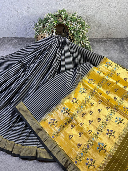 GREY BLACK SILK PURE HANDLOOM PAITHANI SAREE
