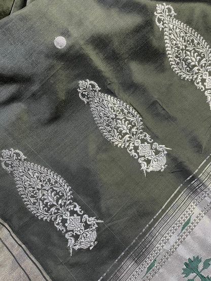 DARK GREY SILK PURE HANDLOOM PAITHANI SAREE