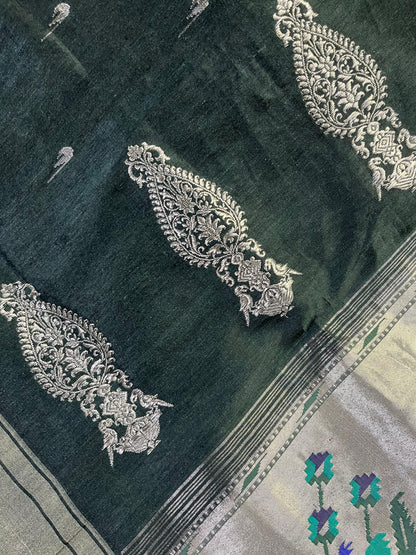 GREEN LINEN PURE HANDLOOM PAITHANI SAREE