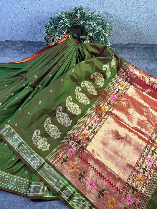 MEHENDI GREEN SILK PURE HANDLOOM PAITHANI SAREE