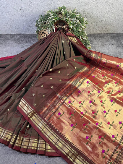 TWO TONE MAROON AND GREEN SILK PURE HANDLOOM PAITHANI SAREE