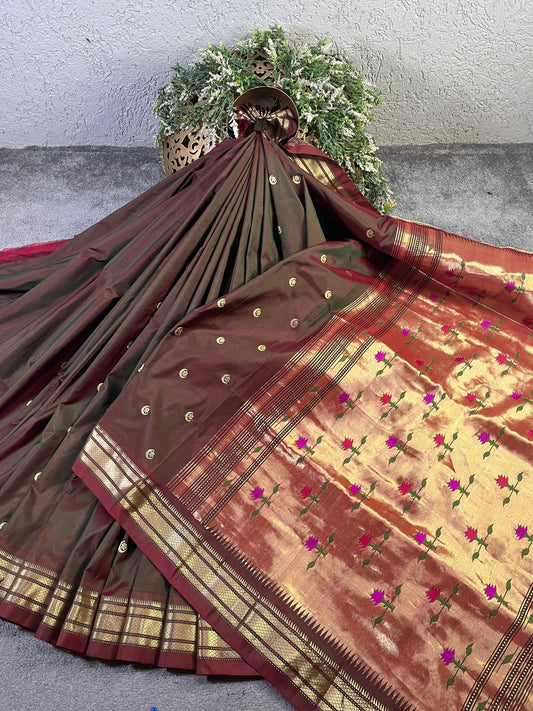 TWO TONE MAROON AND GREEN SILK PURE HANDLOOM PAITHANI SAREE