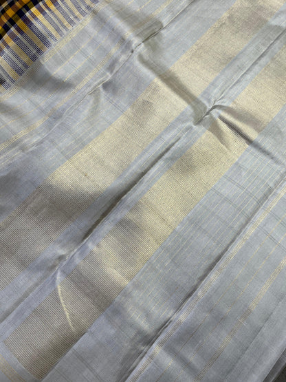 YELLOW BLUE WHITE SILK PURE HANDLOOM KANJIVARAM SAREE