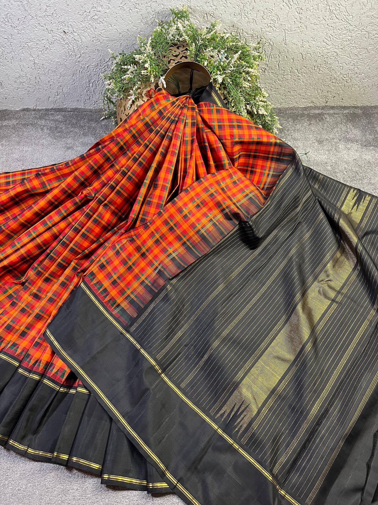 ORANGE AND BLACK CHECKS SILK PURE HANDLOOM KANJIVARAM SAREE