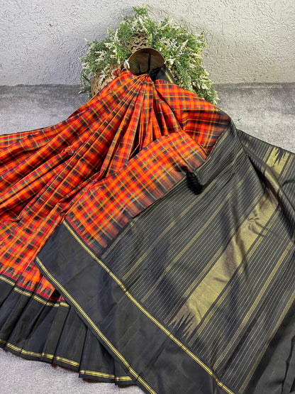 ORANGE AND BLACK CHECKS SILK PURE HANDLOOM KANJIVARAM SAREE