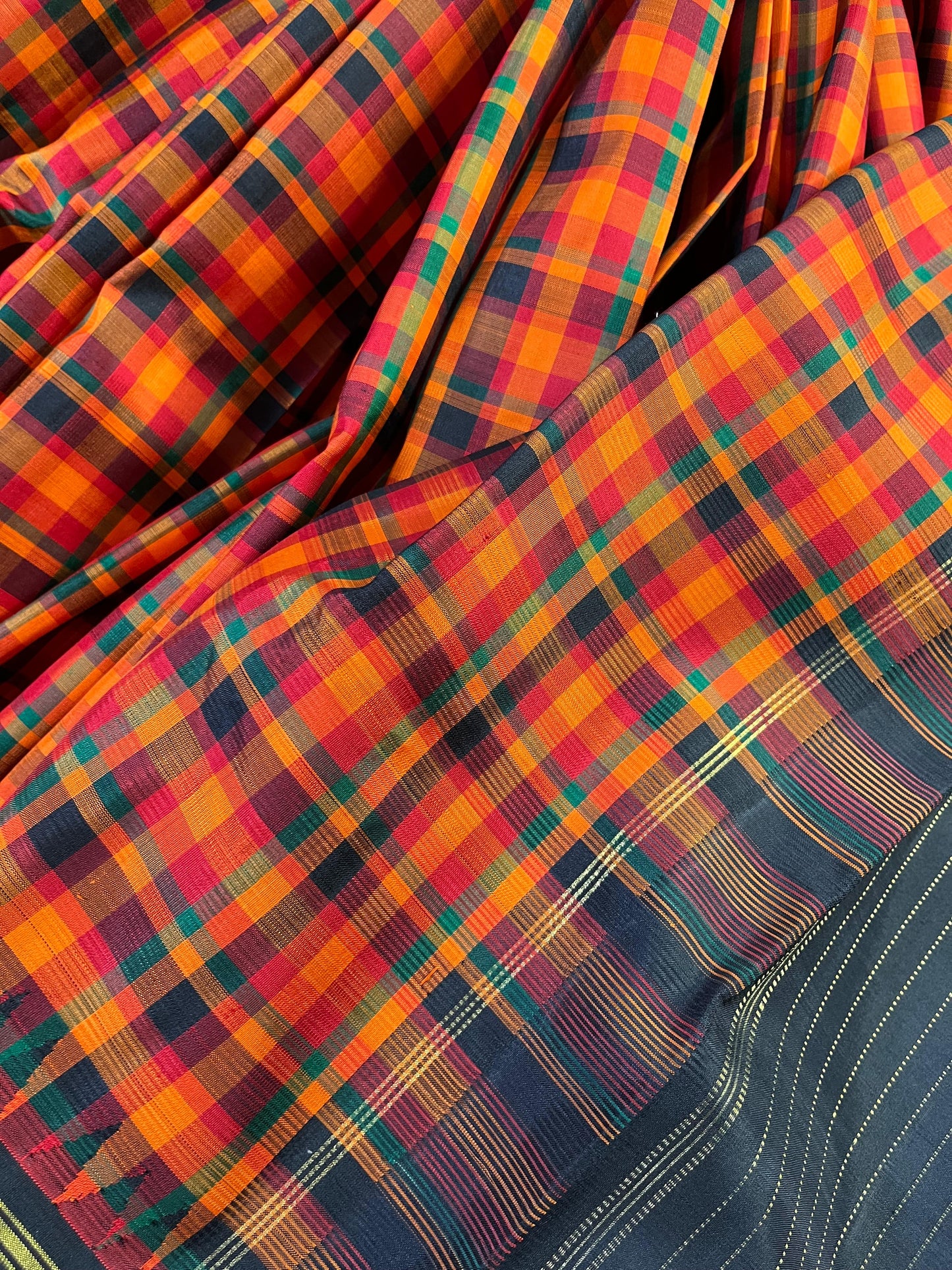 ORANGE AND BLACK CHECKS SILK PURE HANDLOOM KANJIVARAM SAREE