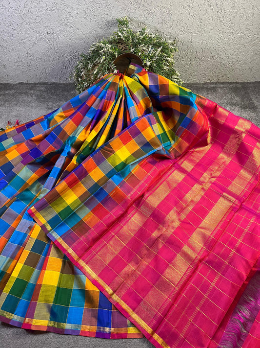 COLOURFUL CHECKS SILK PURE HANDLOOM KANJIVARM SAREE