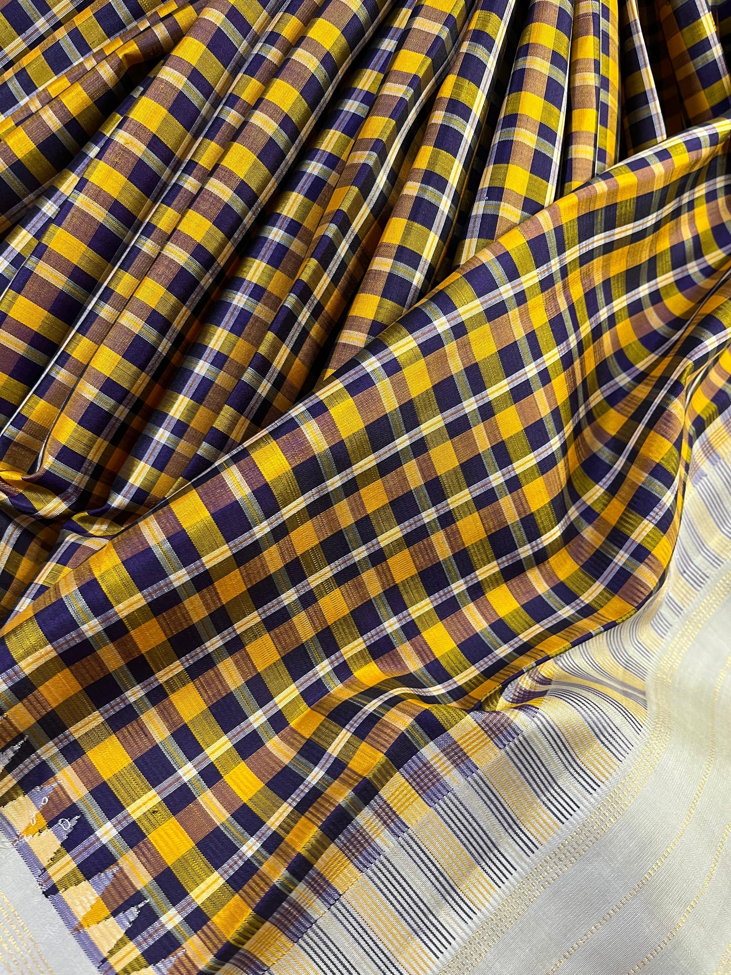 YELLOW BLUE WHITE SILK PURE HANDLOOM KANJIVARAM SAREE
