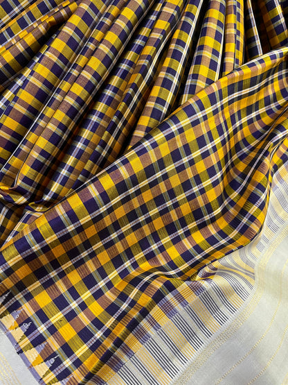 YELLOW BLUE WHITE SILK PURE HANDLOOM KANJIVARAM SAREE