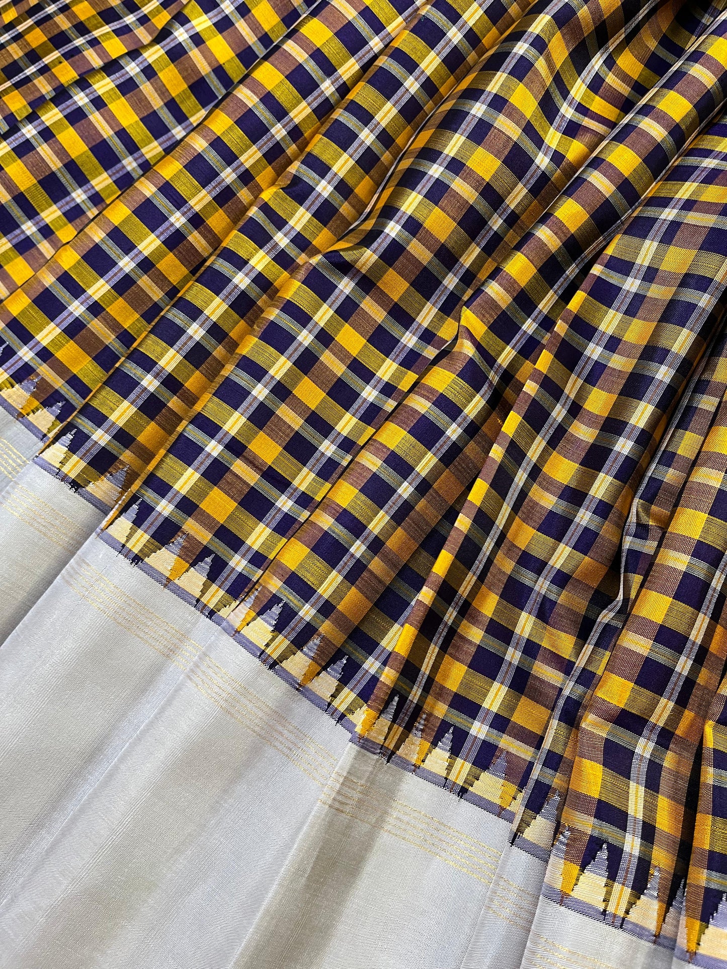 YELLOW BLUE WHITE SILK PURE HANDLOOM KANJIVARAM SAREE