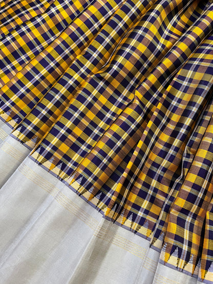 YELLOW BLUE WHITE SILK PURE HANDLOOM KANJIVARAM SAREE