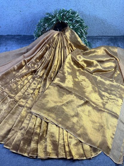 BEIGE TWILL METALLIC PURE HANDLOOM LINEN SAREE