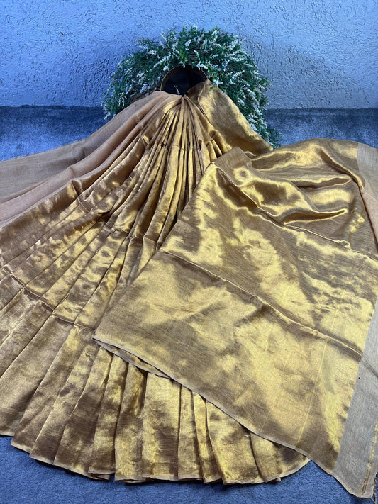 BEIGE TWILL METALLIC PURE HANDLOOM LINEN SAREE