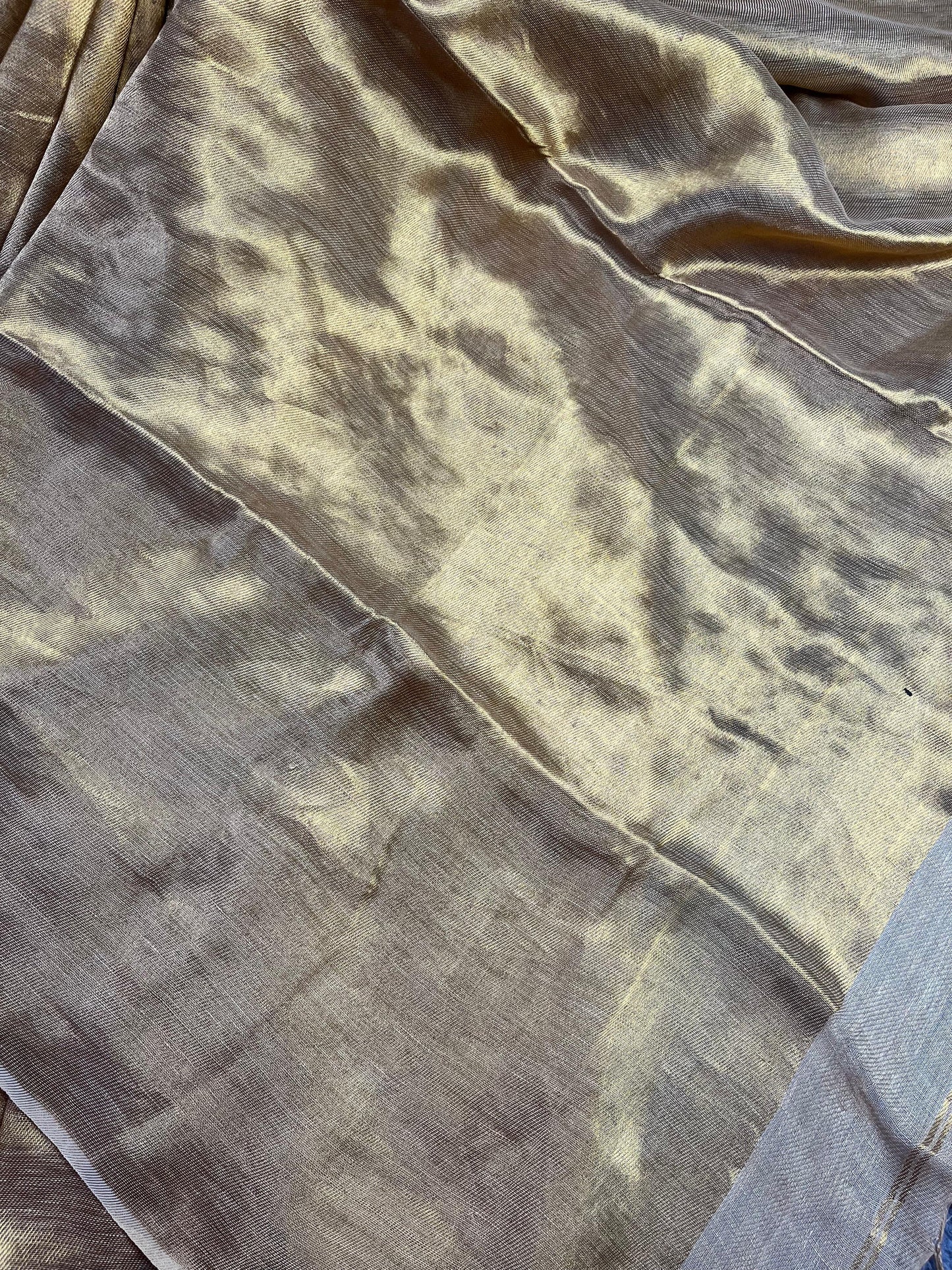 BEIGE TWILL METALLIC PURE HANDLOOM LINEN SAREE