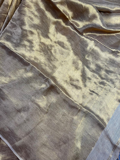 BEIGE TWILL METALLIC PURE HANDLOOM LINEN SAREE