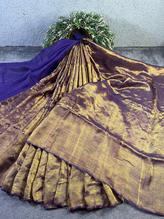 PURPLE TWILL METALLIC PURE HANDLOOM LINEN SAREE