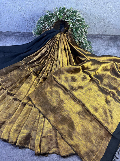BLACK TWILL METALLIC PURE HANDLOOM LINEN SAREE