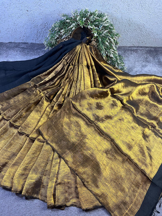 BLACK TWILL METALLIC PURE HANDLOOM LINEN SAREE
