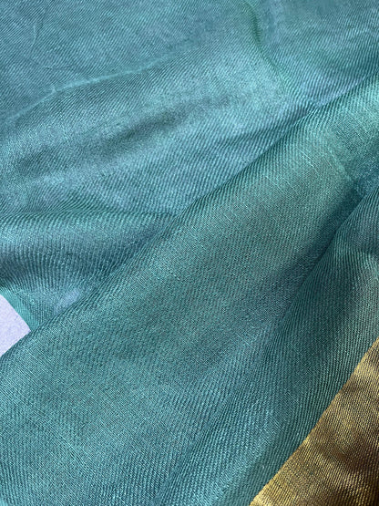 GREEN TWILL METALLIC PURE HANDLOOM LINEN SAREE