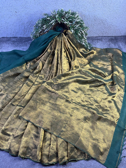 GREEN TWILL METALLIC PURE HANDLOOM LINEN SAREE