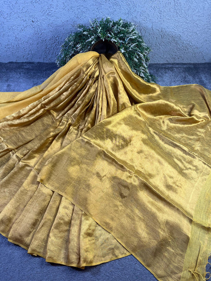 GOLD TWILL METALLIC PURE HANDLOOM LINEN SAREE